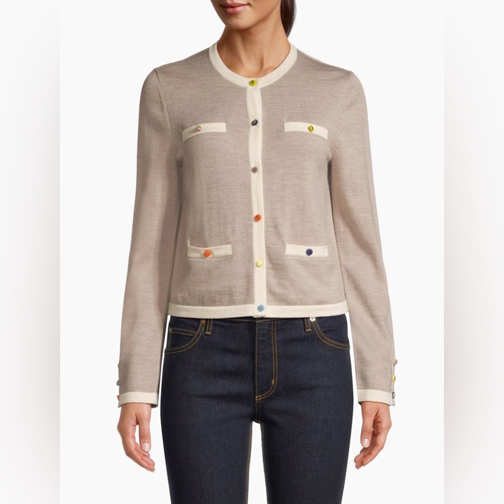 Tory Burch Beige Cardigan with Cream Trim and Multicolor Buttons